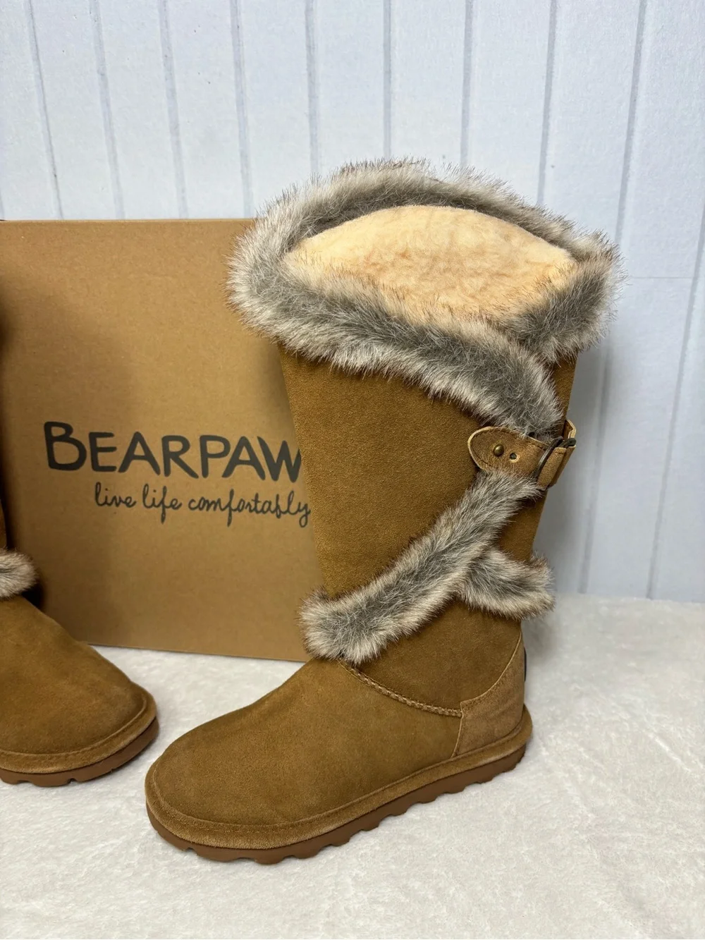 BearPaw Chestnut Suede Faux Fur Trim Tall Boots Size 5